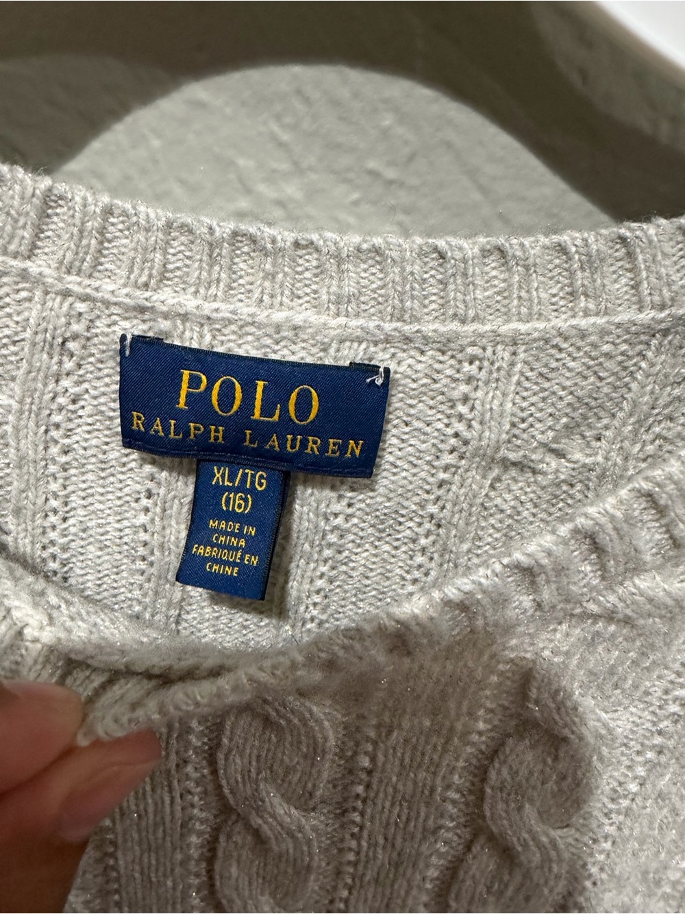 Polo by Ralph Lauren Light Gray Cable Knit Crewneck Sweater Wool Blend Gold Euc - Picture 4 of 6